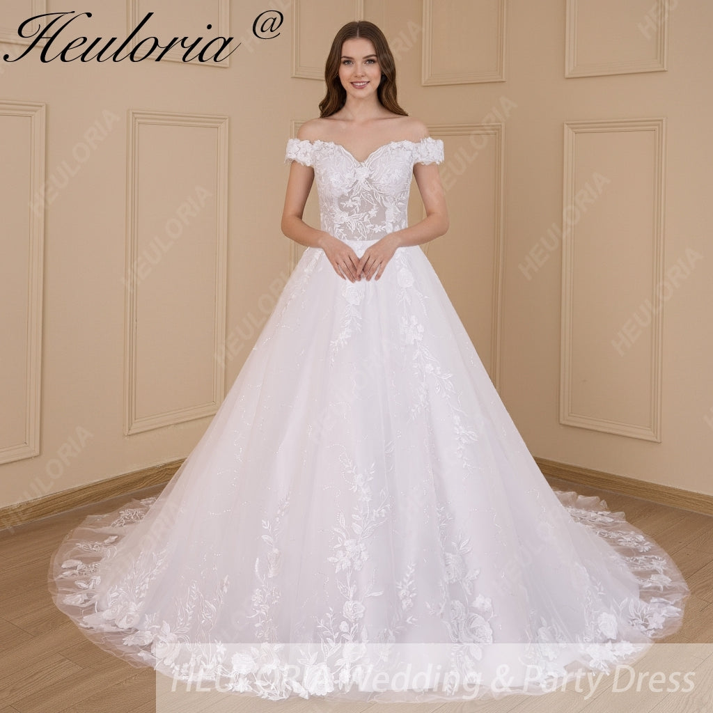 HEULORIA Ball-Gown/Princess Off the Shoulder Court Train Tulle Lace Wedding Dress With Sequins Beading BA-616 Imagen principal del producto