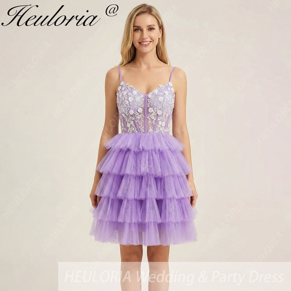 HEULORIA Lavender Tiered Tulle Mini Dress - Sequin Lace Appliqué V-Neck Cocktail Gown ED-294 Image principale du produit