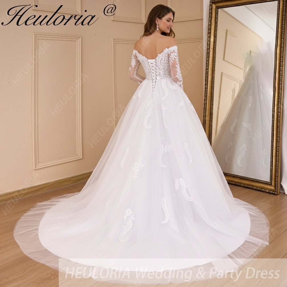 HEULORIA elegant A line wedding dress off shoulder Sparkly Glitter lace bridal dress long sleeve Robe De Mariee Wedding Bride Dress long train AL-817
