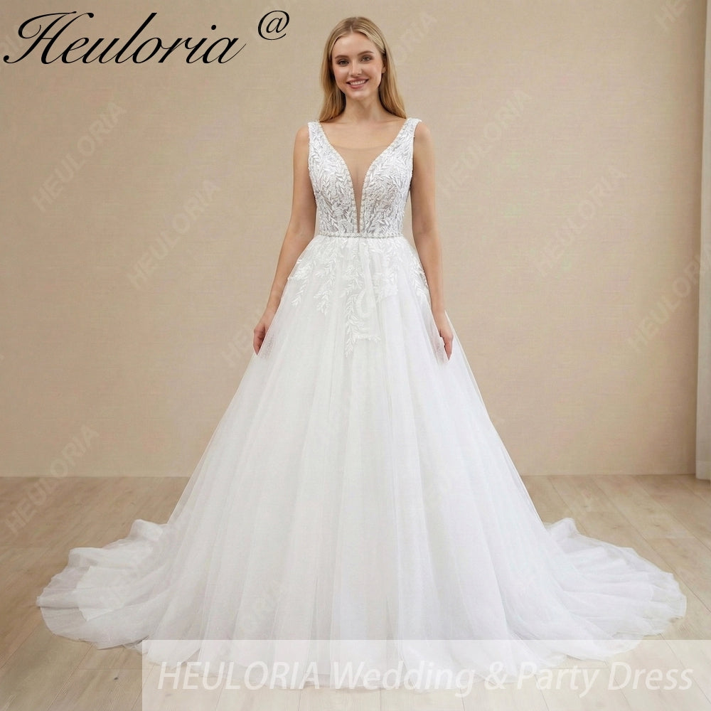 HEULORIA V Neck Sleeveless A line Wedding Dress Boho Lace Appliques Tulle Long Bridal Gowns Backless Vestidos de Novia Customized AL-1107 Main image