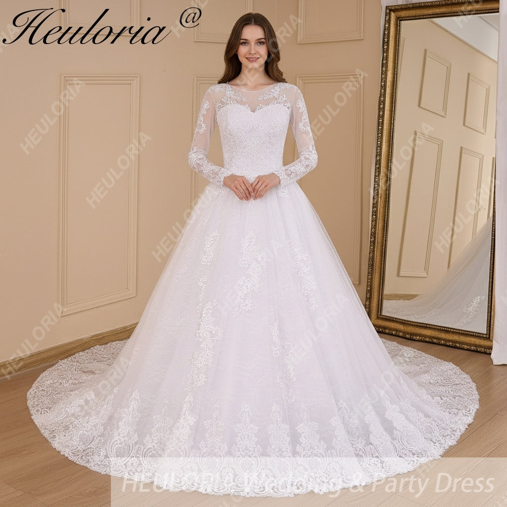 HEULORIA Ball-Gown/Princess V-Neck long sleeve Cathedral Train Tulle Lace Wedding Dress With Sequins BA-636