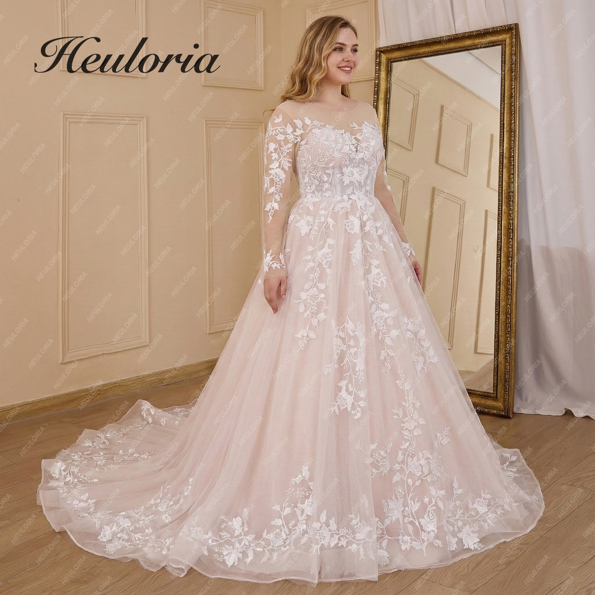 Illusion Sweetheart Floral Lace Long Sleeve A-Line Wedding Dress BA-834