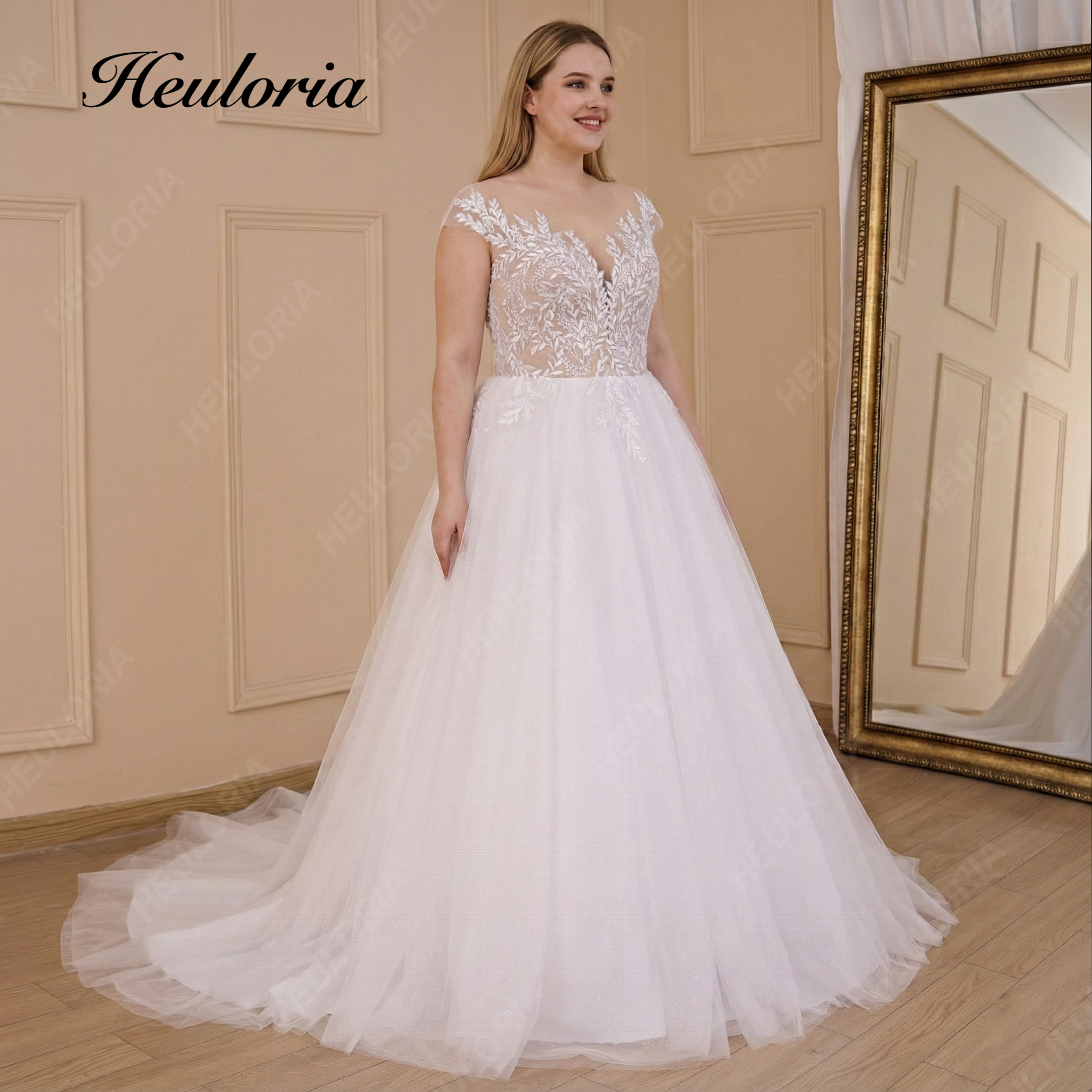 HEULORIA Leaf Lace A-Line Wedding Dress with Illusion V-Neck and Cap Sleeves AL-714 Image principale du produit