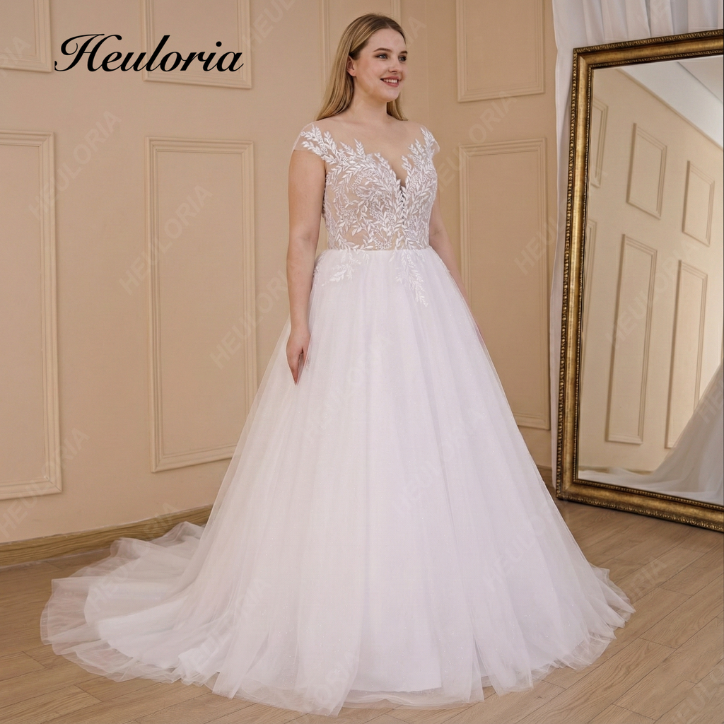 HEULORIA Leaf Lace A-Line Wedding Dress with Illusion V-Neck and Cap Sleeves AL-714