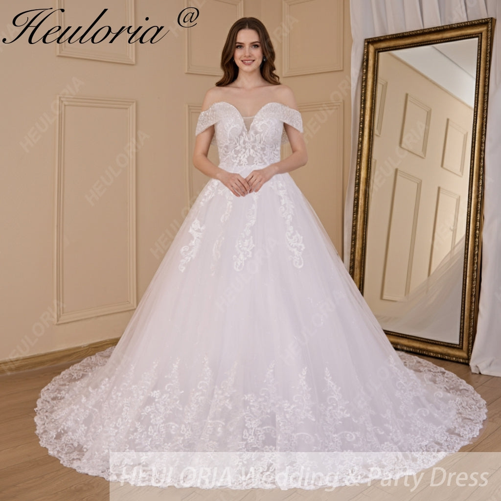 HEULORIA  Ball-Gown/Princess Off the Shoulder Court Train Tulle Lace Wedding Dress BA-716