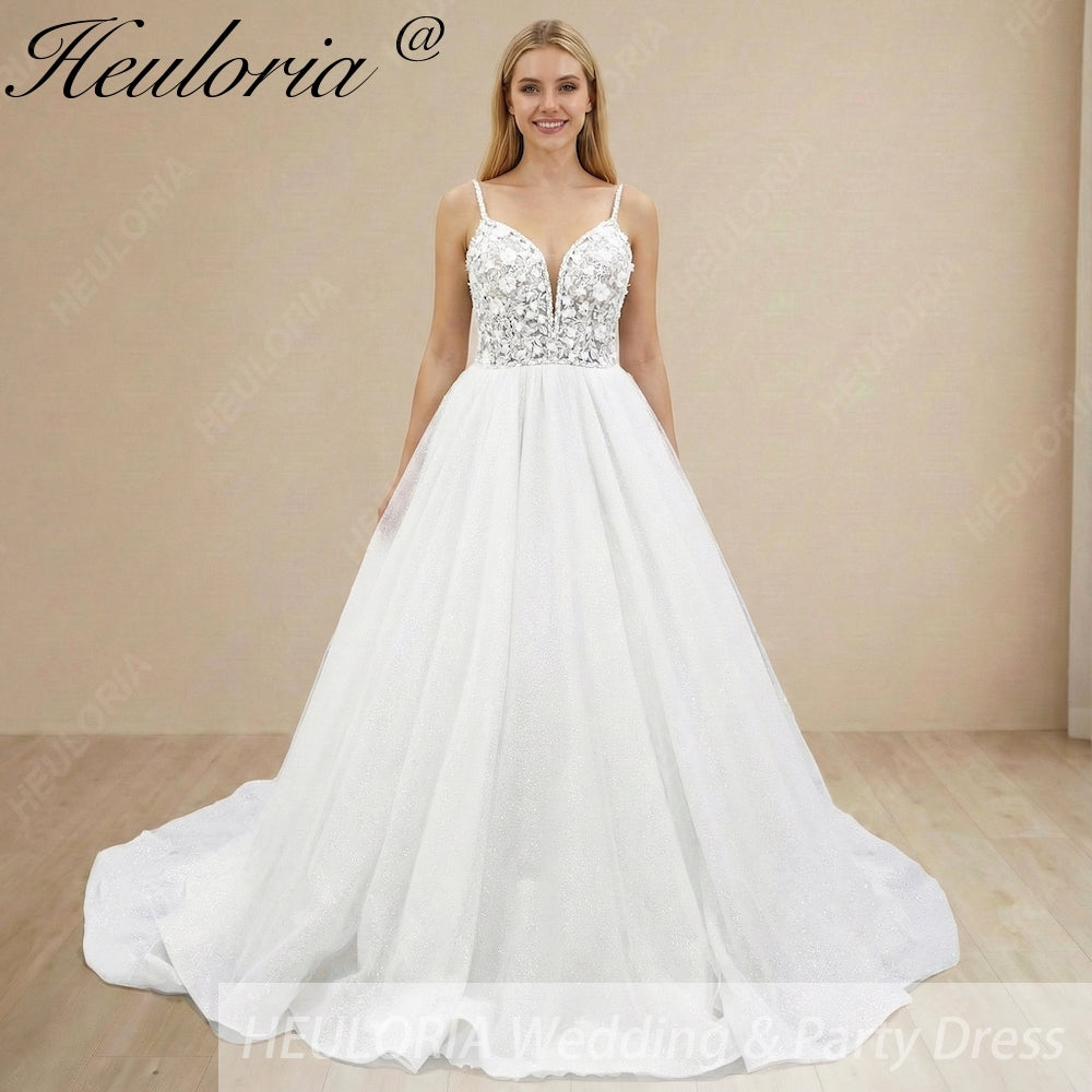 HEULORIA 3D Floral Appliqué Sparkly Ballgown Wedding Dress: Deep V-Neck & Shimmering Glitter Tulle BA-1244