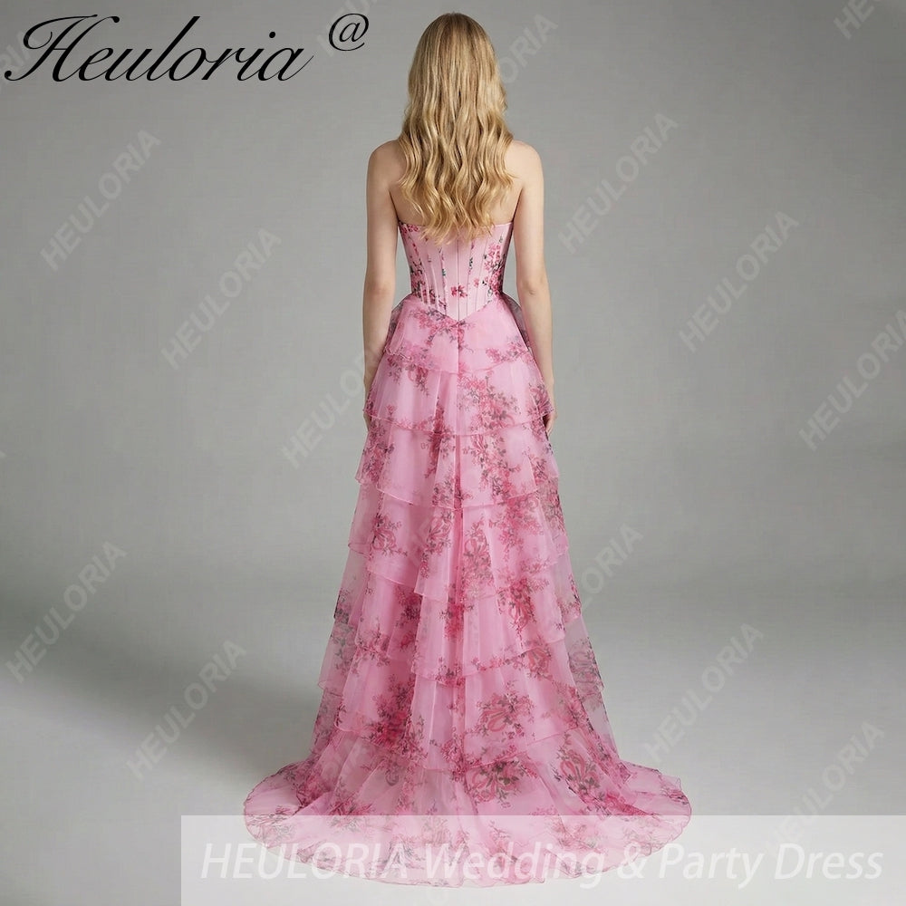 HEULORIA Vintage-Inspired Strapless Floral Gown: Sweetheart Corset Bodice Tiered Ruffle Evening Dress ED-233