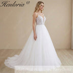 Heuloria Romantic Leafy Lace A-Line Wedding Dress: Plunge V-Neck & Sequined Tulle with Corset Back AL-1031