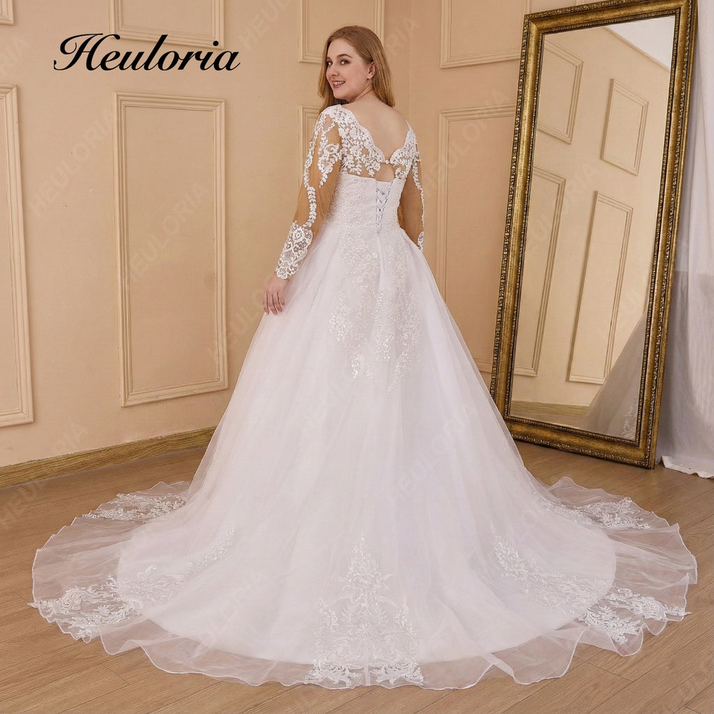 HEULORIA Elegant Sweetheart Neckline Wedding Dress plus size Illusion Lace Long Sleeves & Royal Train BA-827plus