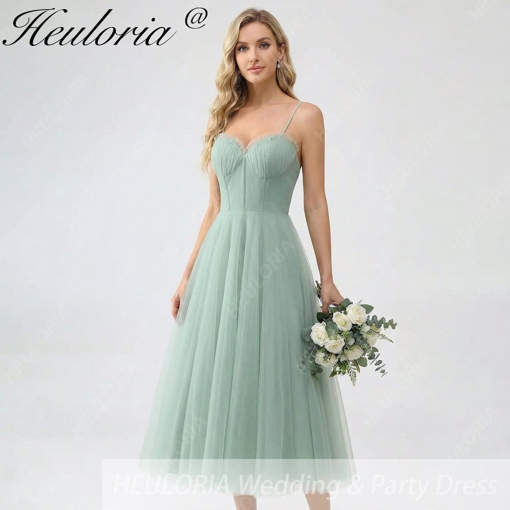 HEULORIA Sage Green Tea-Length Tulle Formal Dress - Frill Sweetheart Neckline & Corset Bodice Bridesmaid dresses ED-266