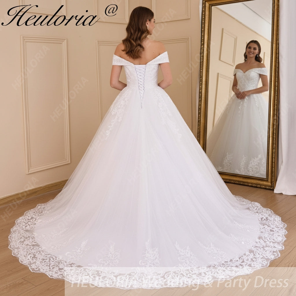 HEULORIA Ball-Gown/Princess Off the Shoulder Court Train Tulle Lace Wedding Dress With Sequins Beading BA-655A