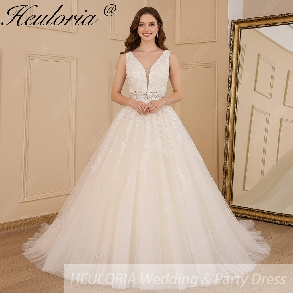 HEULORIA A-line V-Neck Sweep Train Lace Tulle Wedding Dress With Sequins Beading AL-611