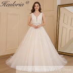 HEULORIA A-line V-Neck Sweep Train Lace Tulle Wedding Dress With Sequins Beading AL-611