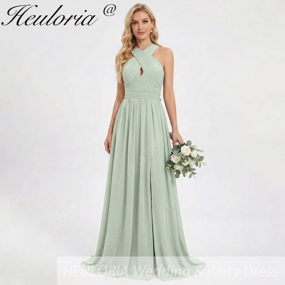 HEULORIA Dusty Sage Chiffon Criss-Cross Halter Bridesmaid Dress with Front Slit and Bow Back ED-256