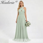 HEULORIA Dusty Sage Chiffon Criss-Cross Halter Bridesmaid Dress with Front Slit and Bow Back ED-256