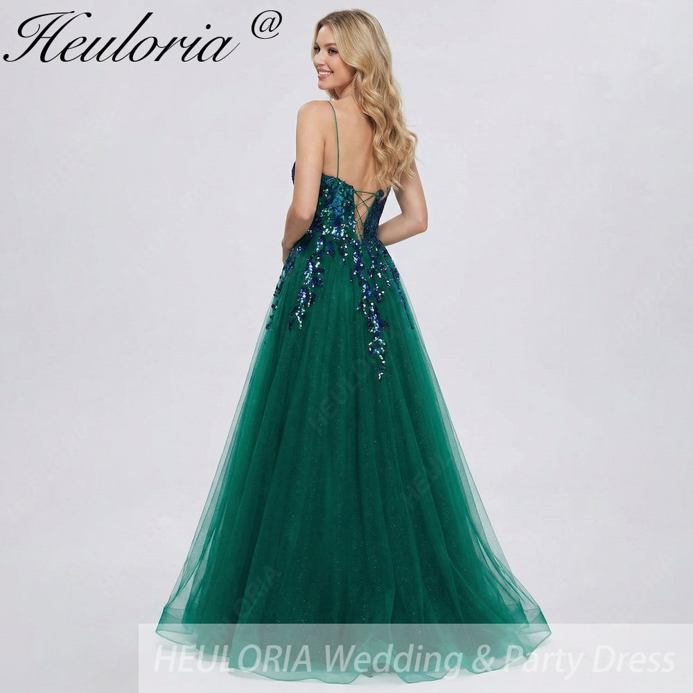 HEULORIA Dark Green Sequin V-Neck Prom Dress: Spaghetti Strap Lace-Up A-Line Formal Gown ED-340