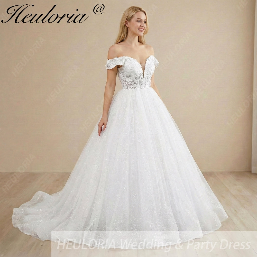 HEULORIA Sparkling Off-The-Shoulder 3D Floral Lace Ball Gown Wedding Dress with Deep V-Neckline BA-1245