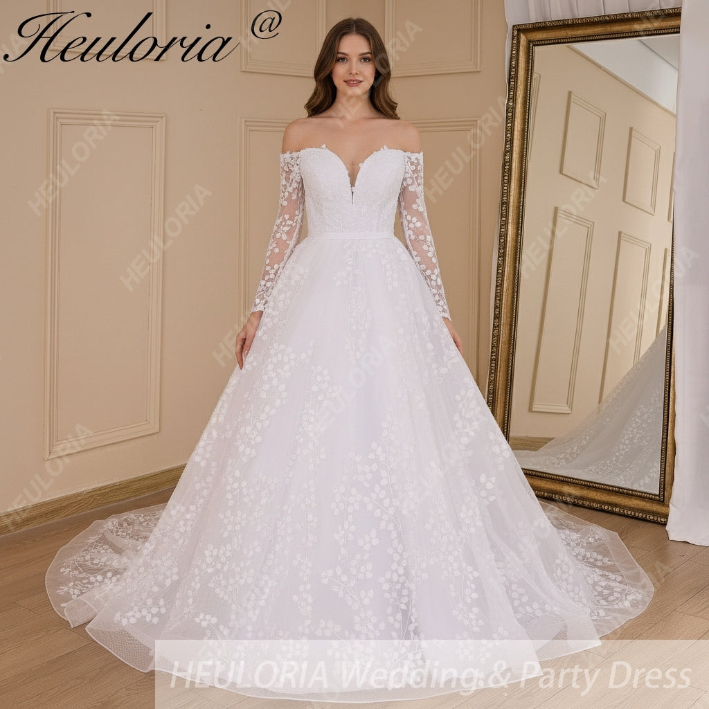 HEULORIA elegant Wedding Dress off shoulder puff sleeve A Line bride dress robe de mariee 3D floral  Bridal Gown BA-637