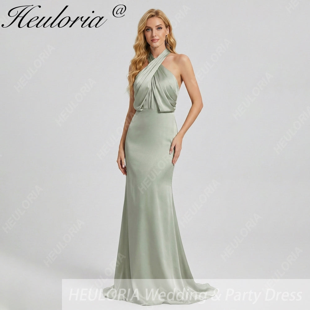 HEULORIA Elegant Dusty Sage Criss-Cross Halter Satin Mermaid Formal Gown ED-229