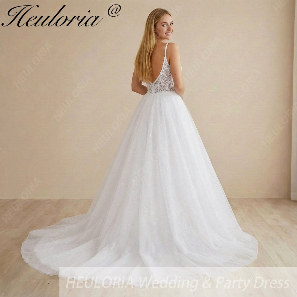 Heuloria Shimmering Starry Tulle Ballgown - Deep V-Neck & Leaf Lace Spaghetti Strap Wedding Dress AL-1095