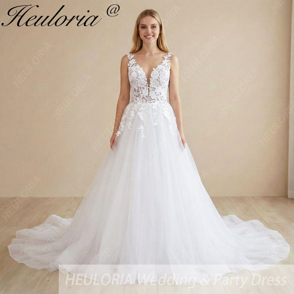 HEULORIA Romantic Illusion V-Neck Floral Lace A-Line Wedding Dress: Exquisite Appliques & Shimmering Tulle AL-1038 Main image