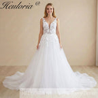 HEULORIA Romantic Illusion V-Neck Floral Lace A-Line Wedding Dress: Exquisite Appliques & Shimmering Tulle AL-1038