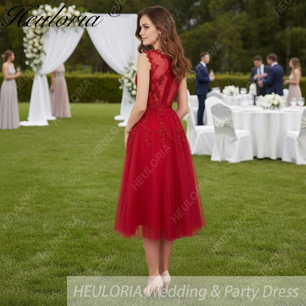 HEULORIA short Bridemaid dress round neck lace beads tulle party dress formal dress ED-75 Red / 2 HEULORIA short Bridemaid dress round neck lace beads tulle party dress formal dress ED-75 Red / 2