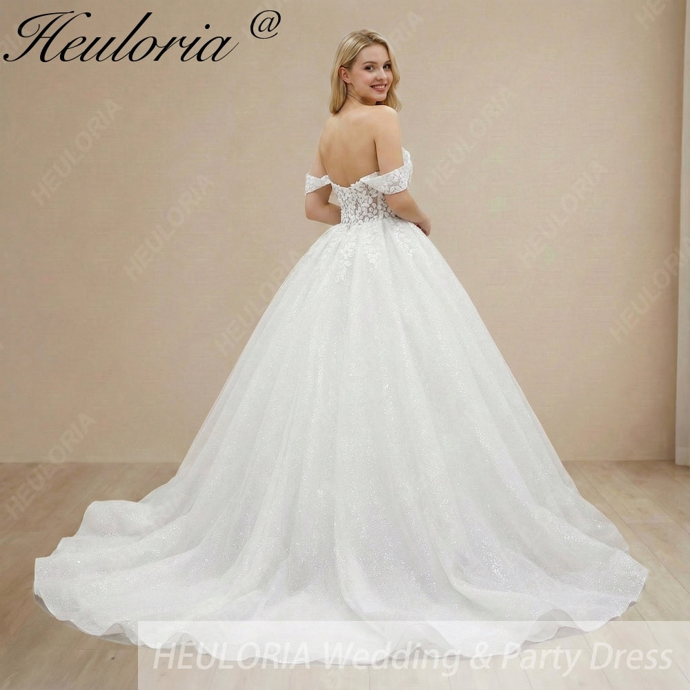 HEULORIA Ethereal Sparkle Tulle Ball Gown with Plunging Leafy Lace & Off-the-Shoulder Sleeves BA-1101