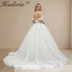 HEULORIA Ethereal Sparkle Tulle Ball Gown with Plunging Leafy Lace & Off-the-Shoulder Sleeves BA-1101