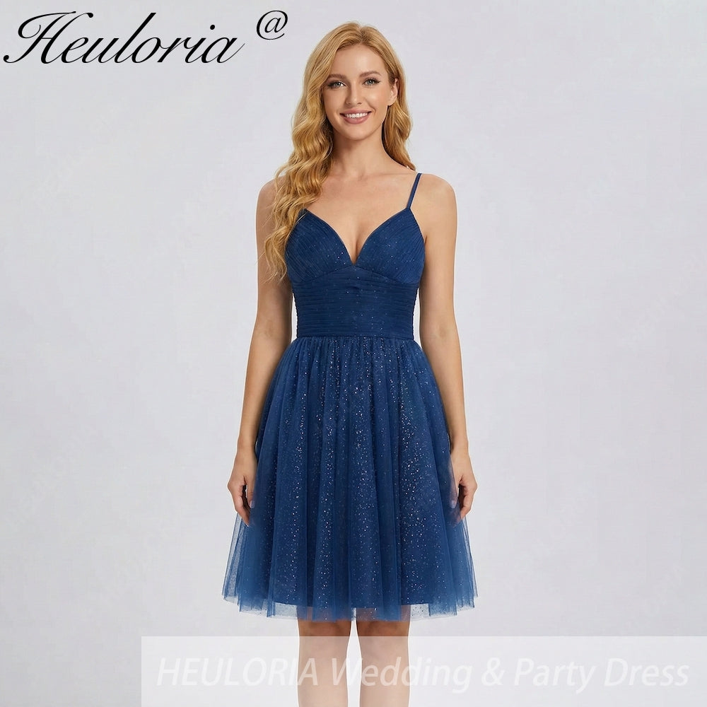 Navy Blue Glitter Tulle V-Neck Dress | Lace-Up Back Cocktail Gown Navy / 2 Navy Blue Glitter Tulle V-Neck Dress | Lace-Up Back Cocktail Gown Navy / 2