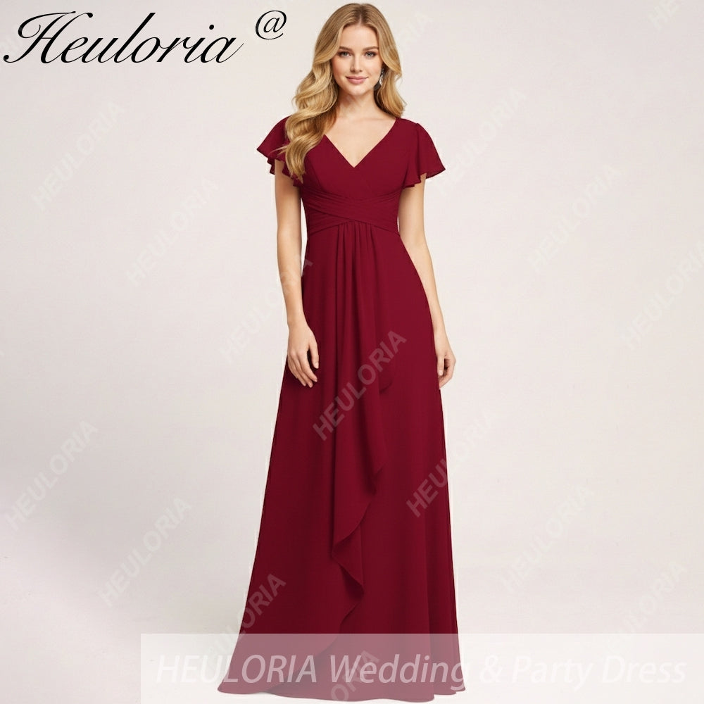 HEULORIA Long Bridemaid dress short sleeve V neck chiffon party dress formal dress ED-135