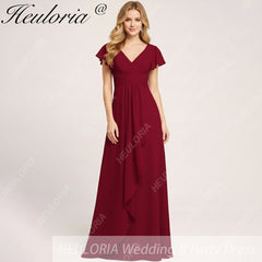 HEULORIA Long Bridemaid dress short sleeve V neck chiffon party dress formal dress ED-135
