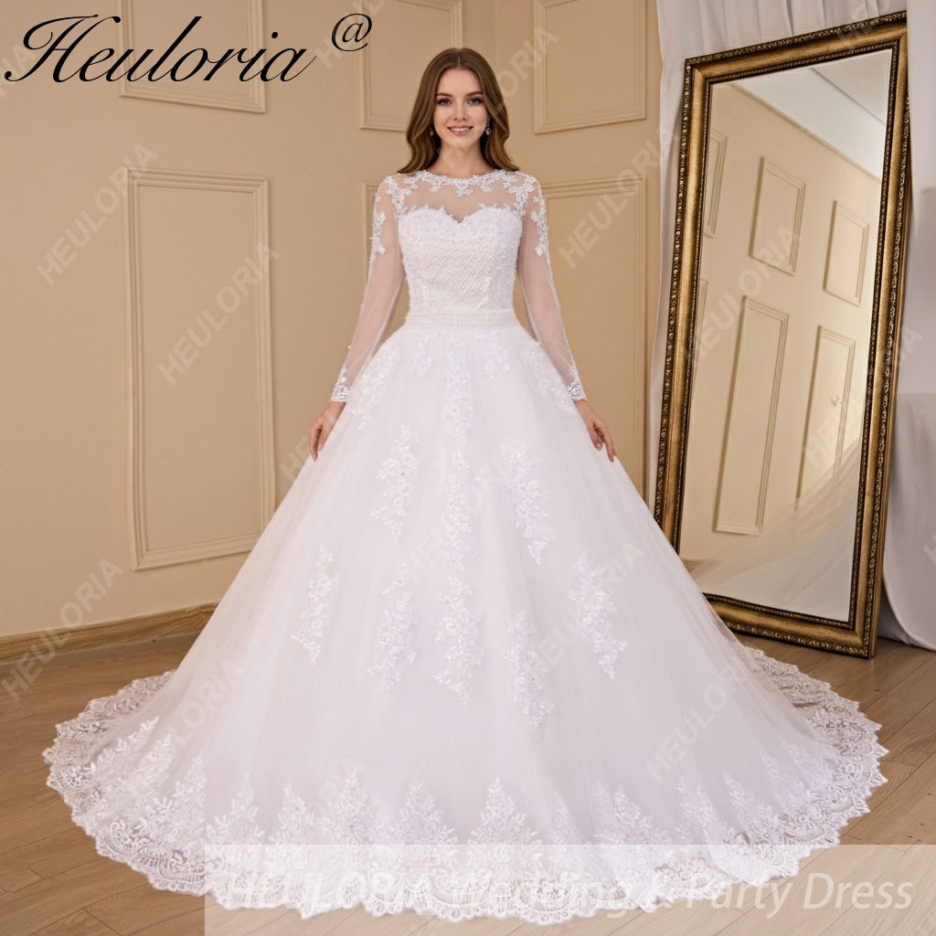 HEULORIA princess wedding dress long sleeve detachable 2 in 1 bride dress lace beading plus size robe de mariee Wedding gown BA-713 Image principale du produit