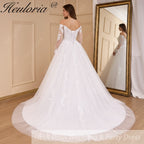 HEULORIA elegant A line wedding dress off shoulder Sparkly Glitter lace bridal dress long sleeve Robe De Mariee Wedding Bride Dress long train AL-817
