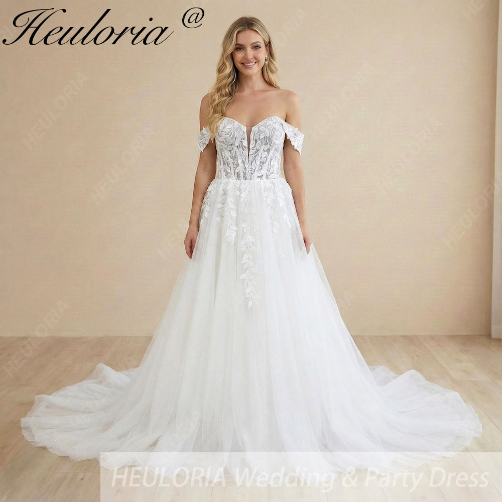 Heuloria Off-the-Shoulder Floral Lace Glitter Tulle A-Line Wedding Dress with Corset Bodice AL-1068