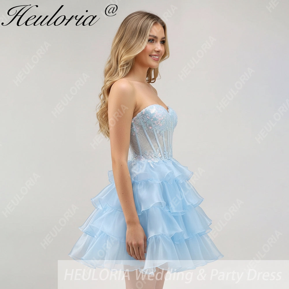 HEULORIA Sparkling Light Blue Strapless Sweetheart Corset Tiered Ruffle Mini Dress - Homecoming & Cocktail Party ED-316