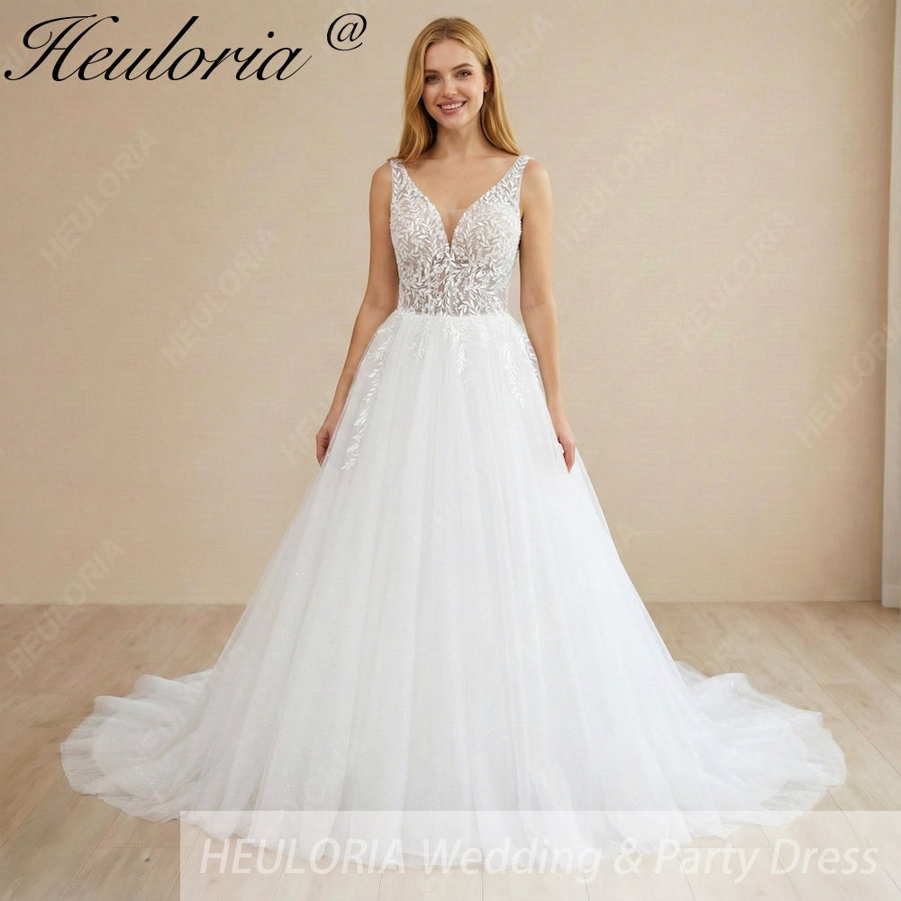 HEULORIA Ethereal Deep V-Neck Leaf Lace A-Line Wedding Dress - Shimmering Sequin Tulle & Corset Back AL-1063
