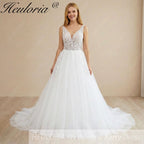 HEULORIA Ethereal Deep V-Neck Leaf Lace A-Line Wedding Dress - Shimmering Sequin Tulle & Corset Back AL-1063