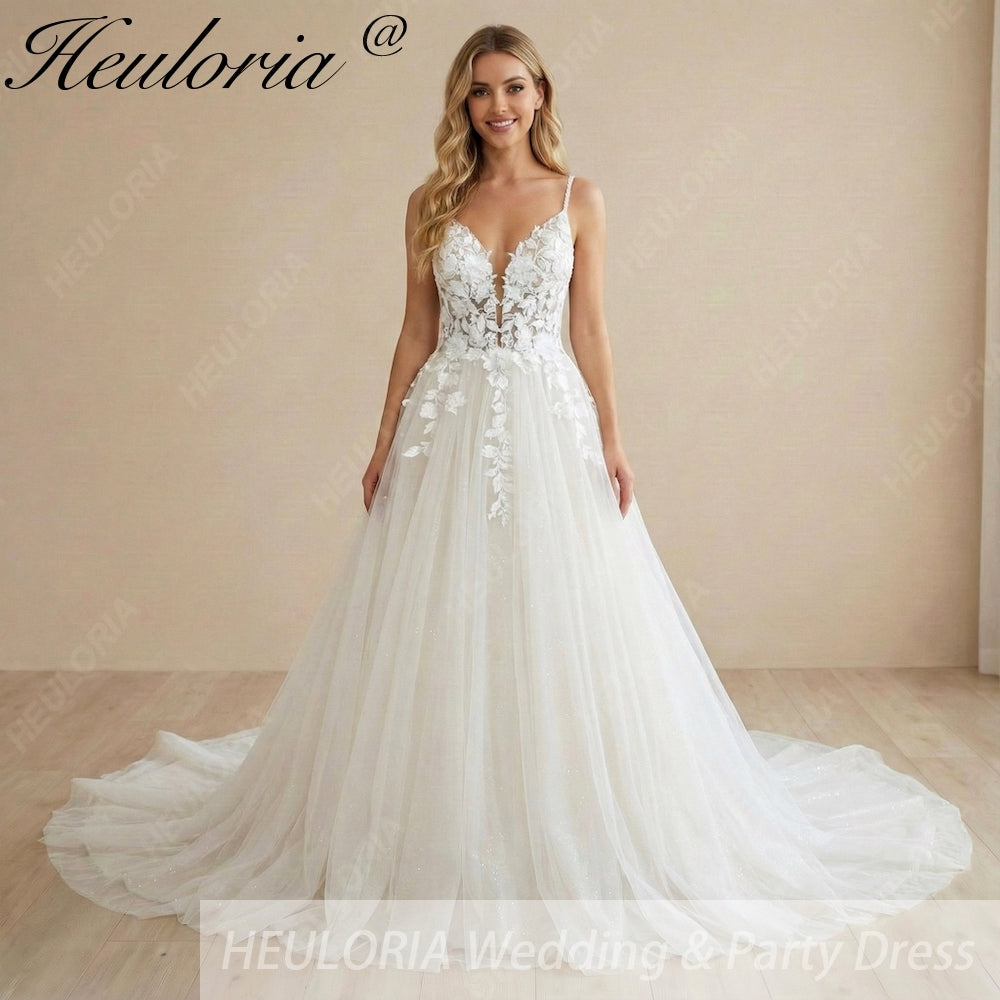 HEULORIA Ethereal 3D Floral Lace A-Line Wedding Dress – Plunging V-Neck & Shimmer Tulle Skirt AL-1106
