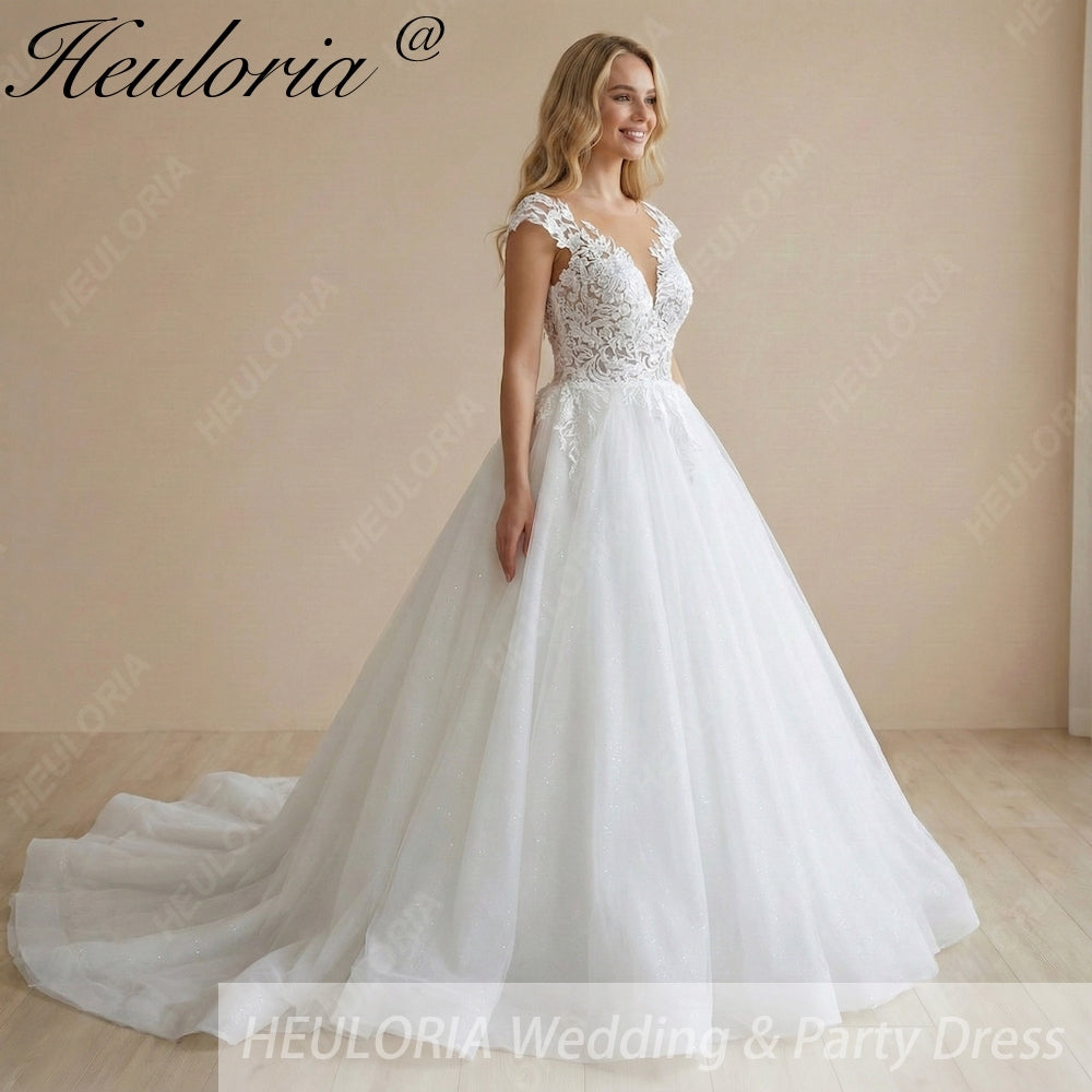 HEULORIA Ethereal Lace Appliqué Ball Gown: Illusion V-Neck & Scalloped Cap Sleeves BA-1090