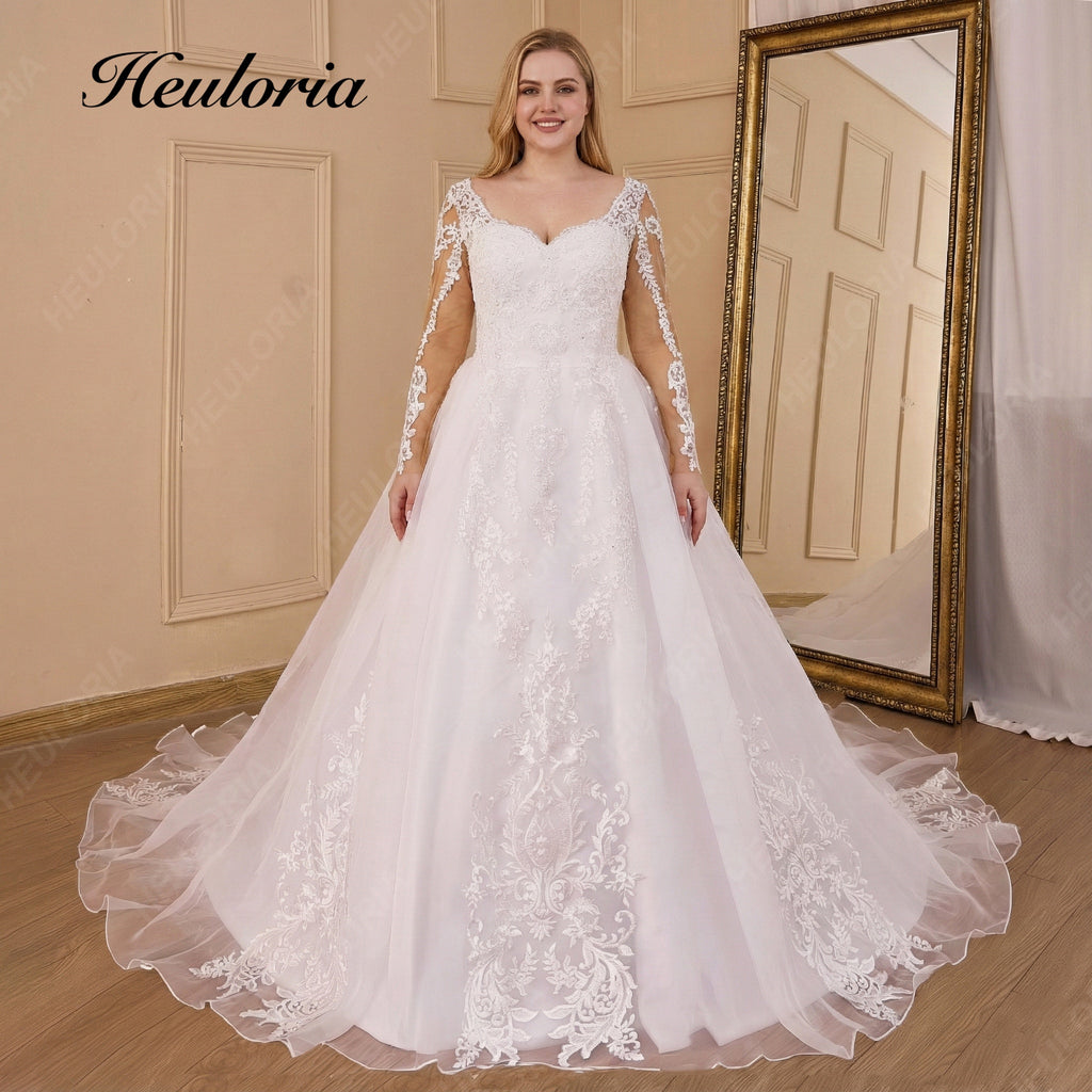 HEULORIA Elegant Sweetheart Neckline Wedding Dress plus size Illusion Lace Long Sleeves & Royal Train BA-827plus