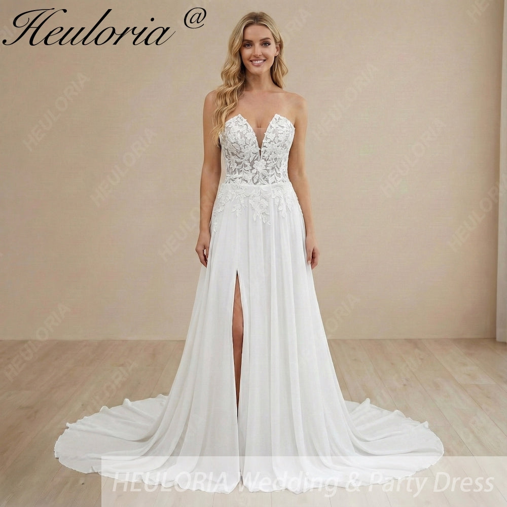 HEULORIA Strapless Plunging Sweetheart Lace Wedding Dress with High Side Slit AL-1050