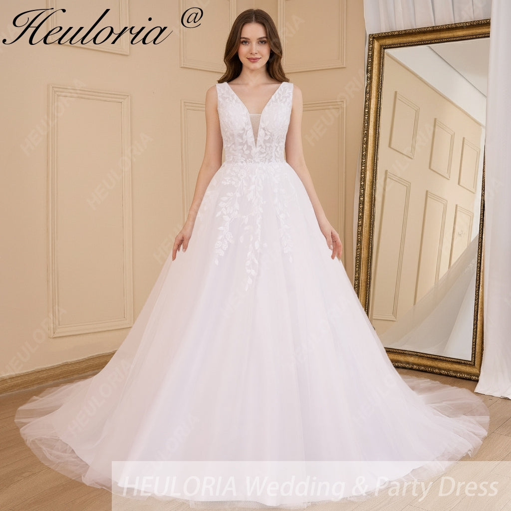 HEULORIA Elegant lace applique Boho Wedding Dress bride dress V neck plus size  A line Wedding Bride Gown AL-627A