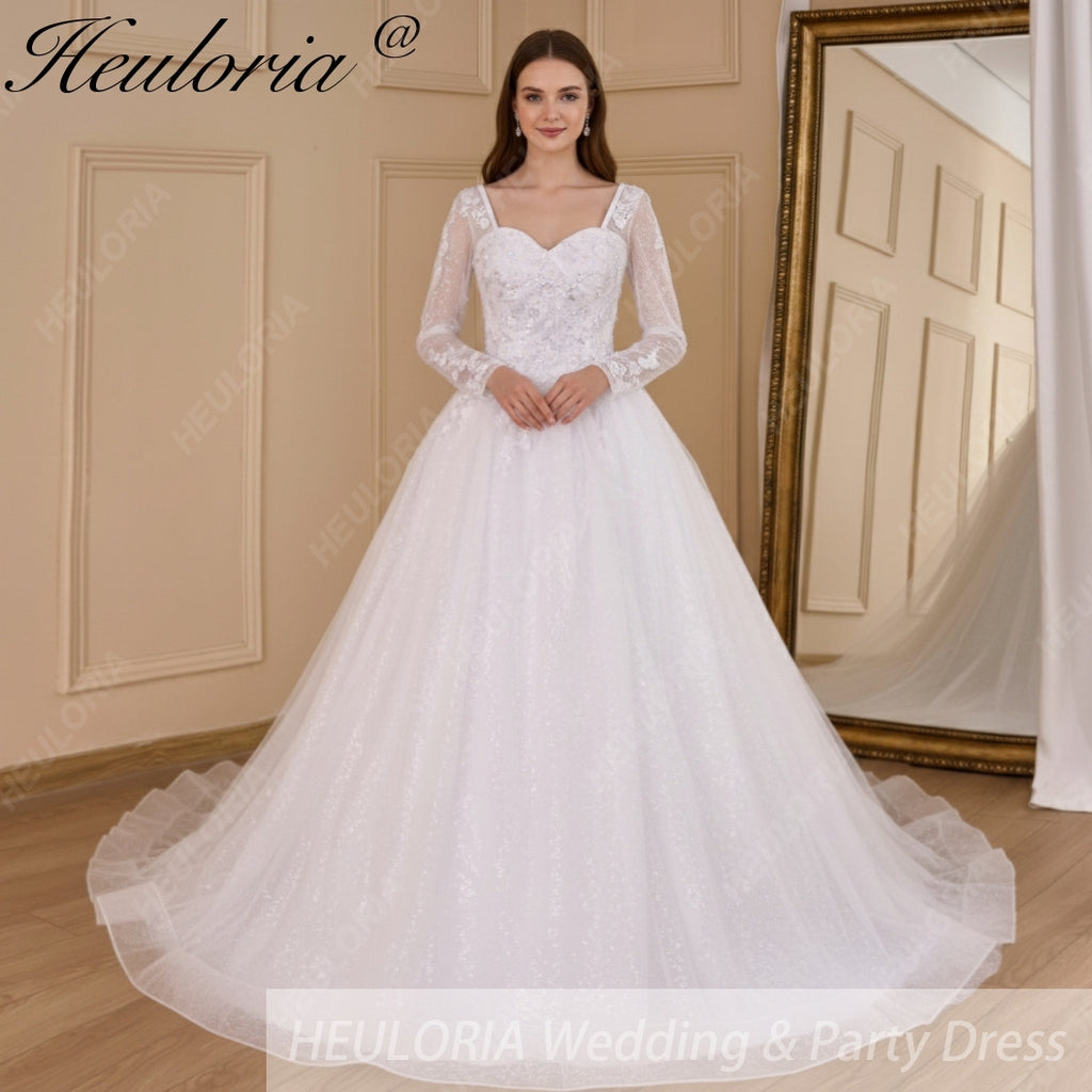 HEULORIA Ball-Gown/Princess long sleeve Chapel Train Lace Tulle Wedding Dress With Sequins Beading BA-654A