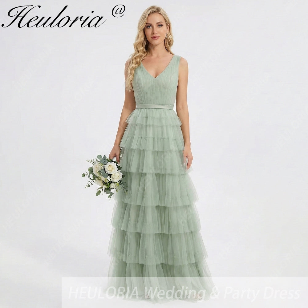 HEULORIA Sage Green Tiered Tulle V-Neck Evening Gown - Deep V-Back Formal Dress ED-267