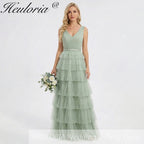 HEULORIA Sage Green Tiered Tulle V-Neck Evening Gown - Deep V-Back Formal Dress ED-267