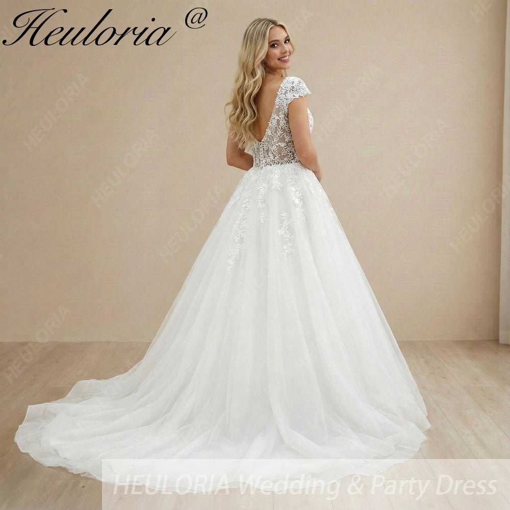 HEULORIA  A line Wedding Dress V neck short sleeve Boho Lace Appliques Tulle Long Bridal Gowns Backless Vestidos de Novia Customized AL-1102 Secondary image