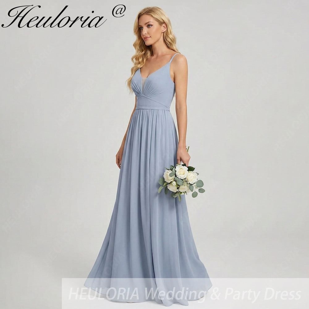 HEULORIA Dusty Blue V-Neck Chiffon Bridesmaid Dress with Twisted Straps and Side Slit ED-259