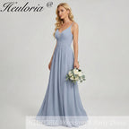 HEULORIA Dusty Blue V-Neck Chiffon Bridesmaid Dress with Twisted Straps and Side Slit ED-259
