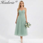 HEULORIA Sage Green Tea-Length Tulle Formal Dress - Frill Sweetheart Neckline & Corset Bodice Bridesmaid dresses ED-266